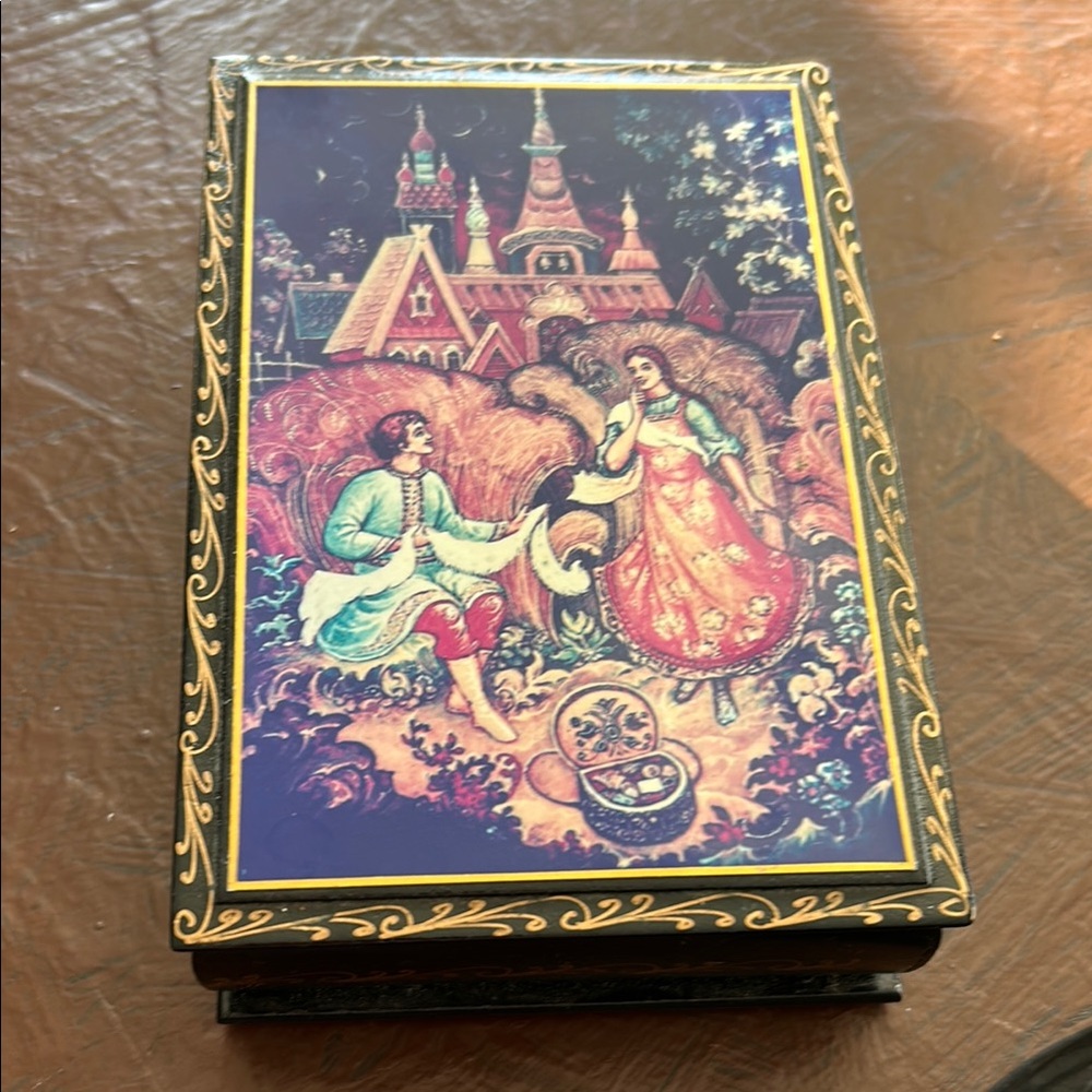 Decorative Russian Lacquer Box with Folk Art Design